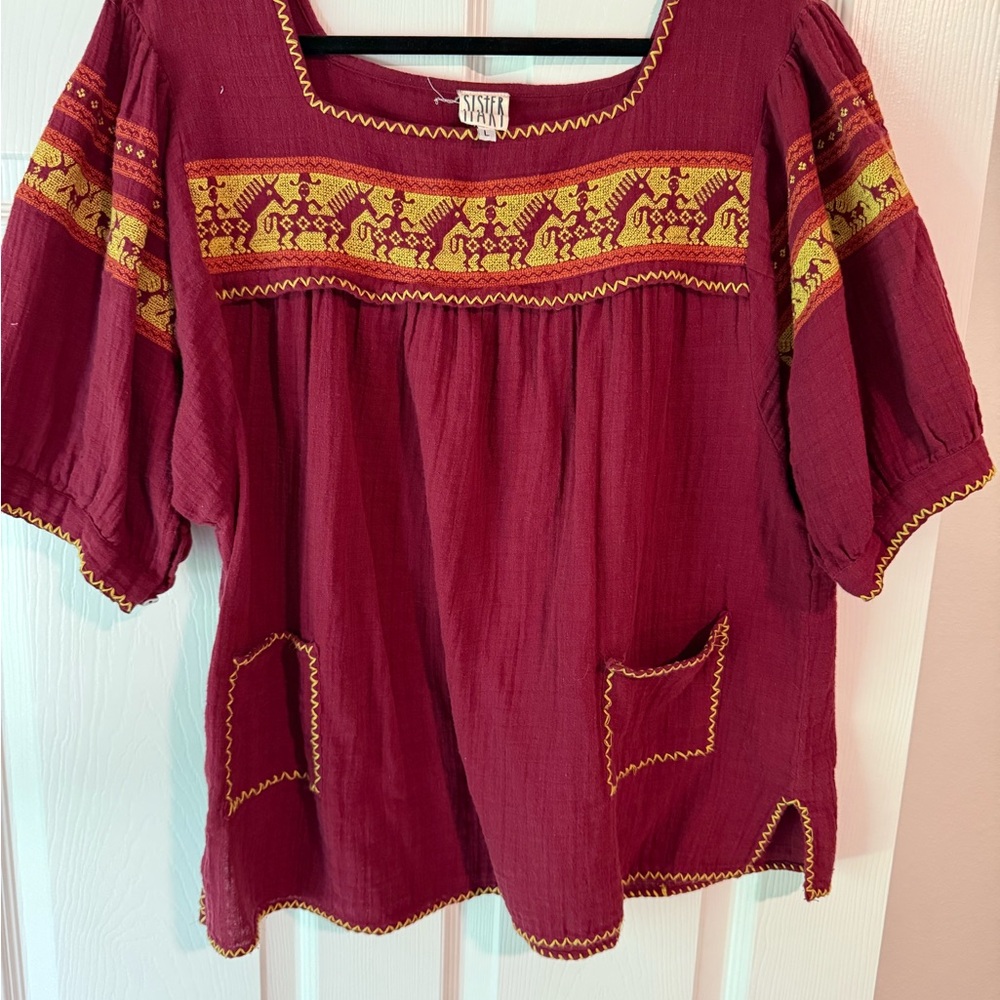 Maroon and Yellow Relaxed Short Sleeve Blouse